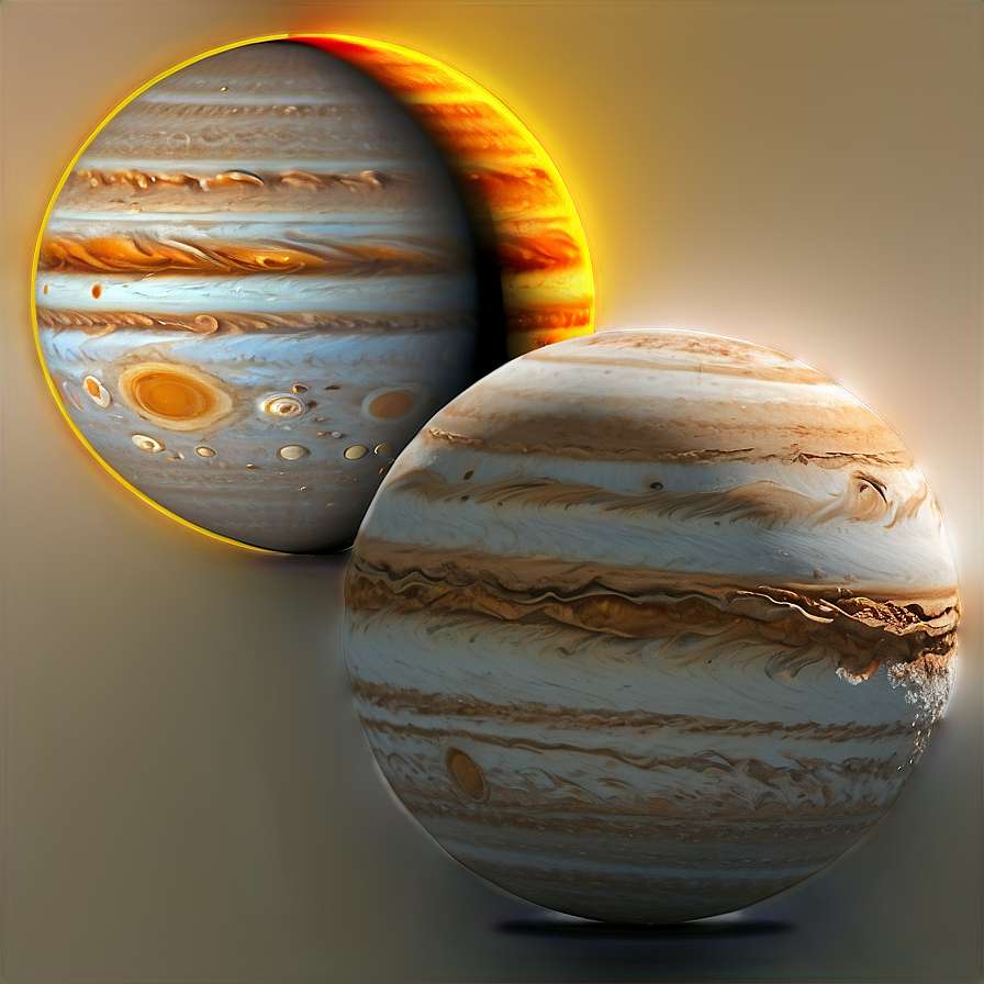 Two glowing Jupiter planets with swirling bands in orange and beige tones. — Jupiter PNG