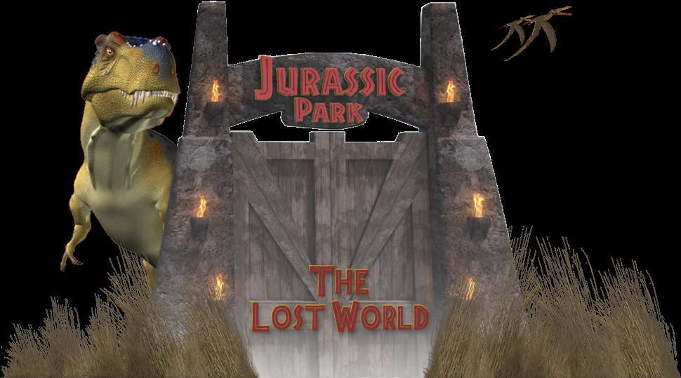 T-Rex steht neben Jurassic Park-Tor mit Fackeln und fliegendem Flugsaurier — Jurassic Park Wallpaper
