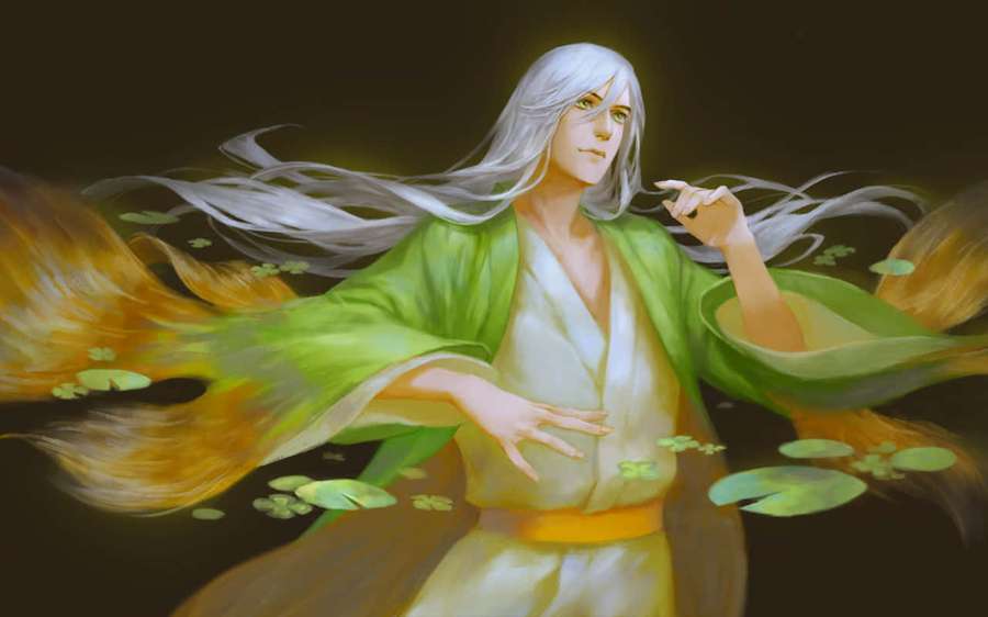 Anime character with white hair and green robe standing in glowing water with lily pads. — Jushiro Ukitake Wallpaper