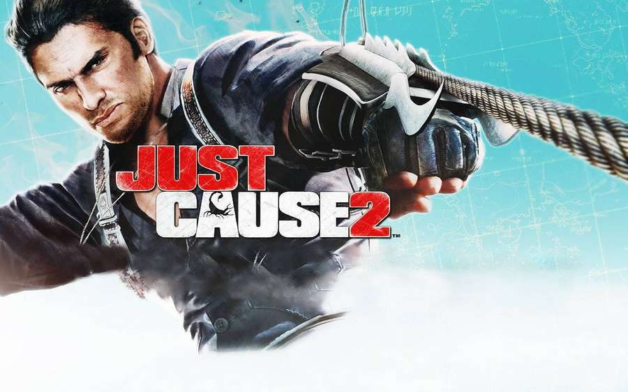 En mand i taktisk udstyr, der griber et reb med spiltitlen 'Just Cause 2' overlejret. — Just Cause 2 Wallpapers