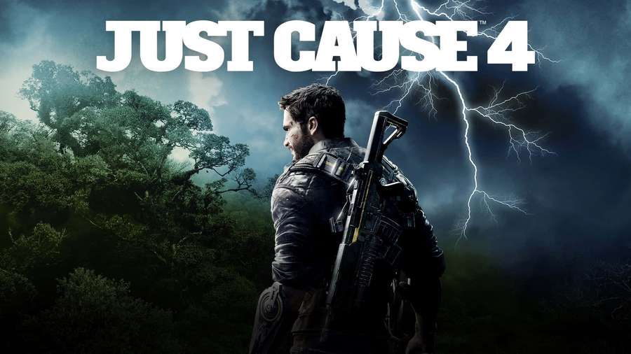 A soldier with a rifle stands in a stormy jungle with lightning in the background. — Just Cause 4 Background