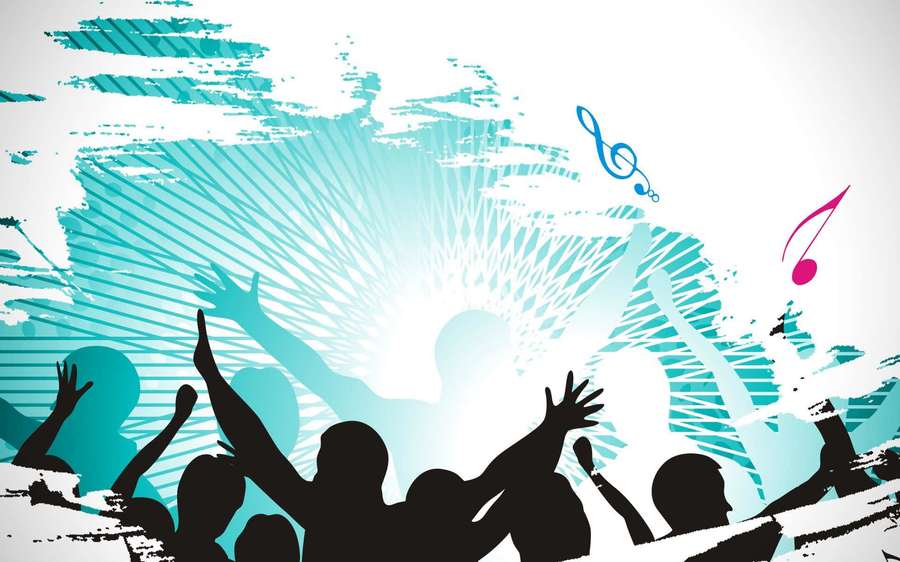 Siluetas de multitud animando en un concierto con luces turquesa y notas musicales. — Juvenil Fondos de pantalla