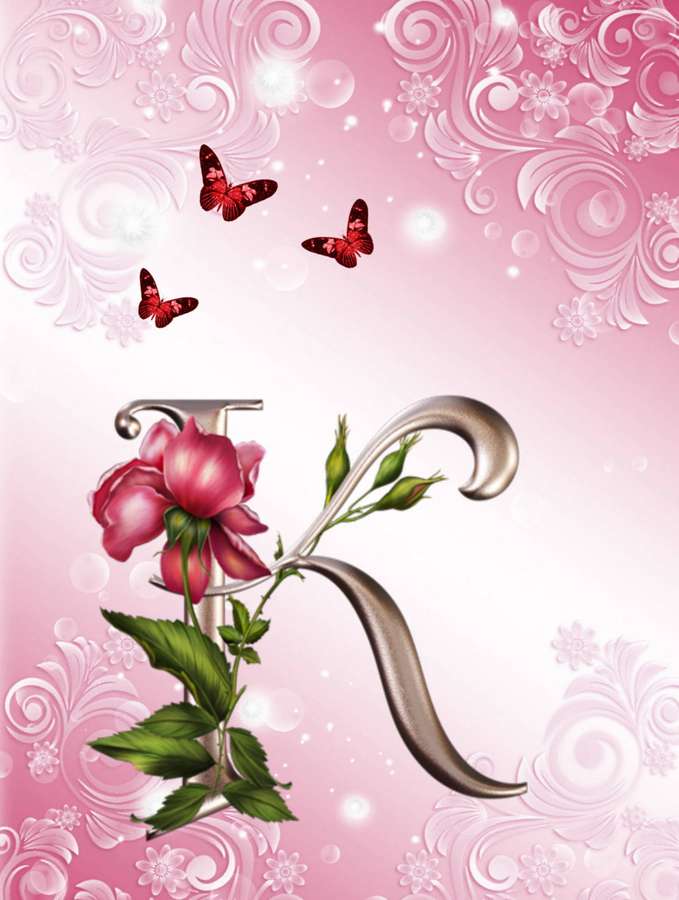 Letra K metálica con rosa rosa y mariposas sobre fondo floral — K Alfabeto Fondos de pantalla
