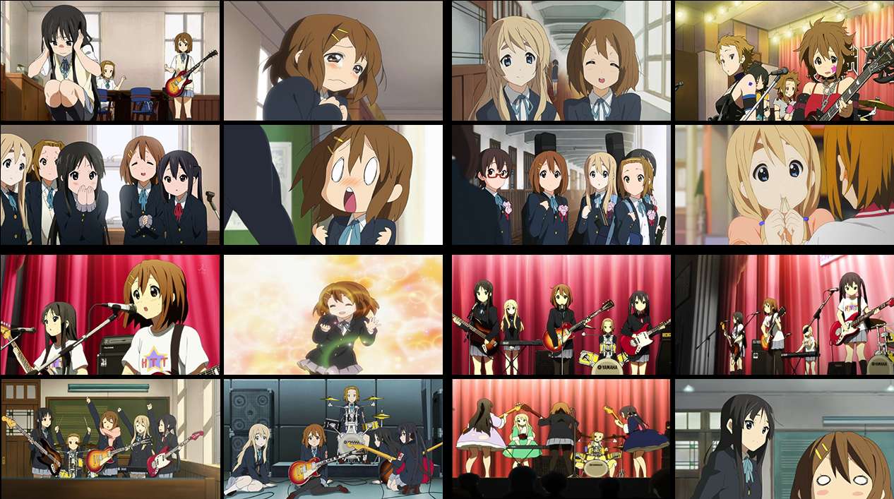 Anime schoolgirls performing a live band concert on stage with guitars and drums. — K PNG