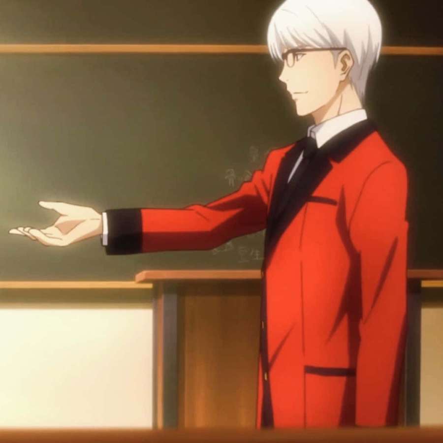 Anime teacher in red blazer gesturing in classroom. — Kaede Manyuda Wallpaper