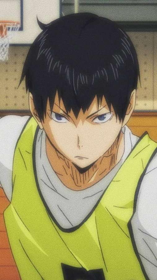 Anime basketball player in yellow jersey staring intensely in gym — Kageyama Wallpaper