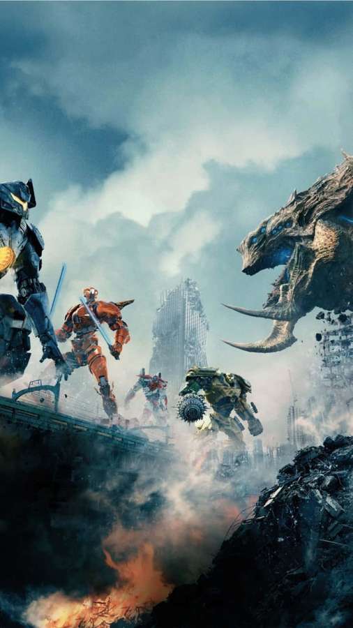 Robots fighting a giant monster in a destroyed city with smoke and fire. — Kain Highwind Wallpaper