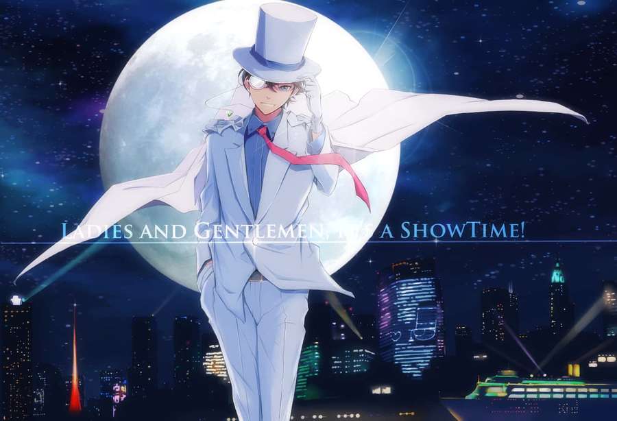 Anime detective in white suit and top hat against moonlit city skyline. — Kaito Kid Wallpaper