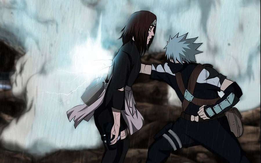 Two anime ninja battle in a storm with lightning striking between them. — Kakashi And Rin Wallpaper