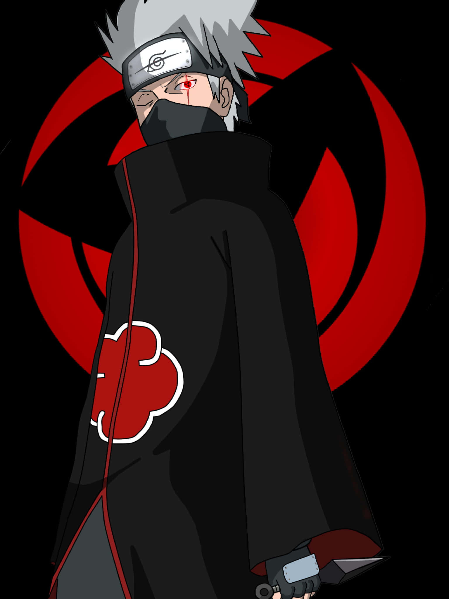Anime-Ninja in schwarzem Umhang mit rotem Wolkensymbol und rotem Auge, der eine Waffe hält. — Kakashi Bilder