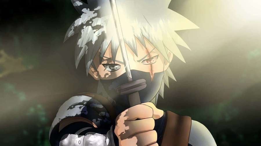 Anime-ninjakriger som holder sverd med intenst blikk og glødende bakgrunnsbelysning. — Kakashi Hatake Barn Bakgrunner