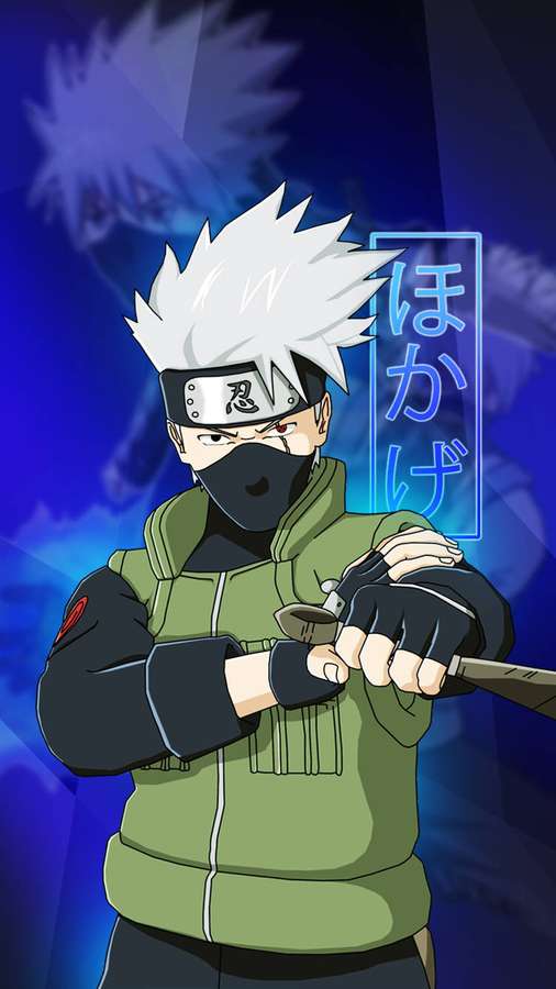 Anime-ninja med hvidt hår og maske holder en kunai mod blå baggrund med kanji. — Kakashi iPhone Wallpapers