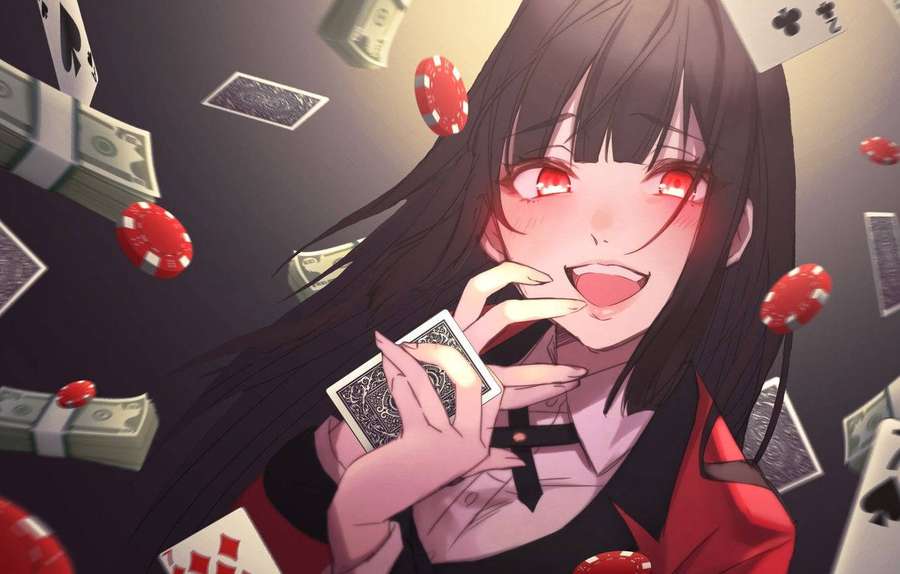 Anime girl smiling with cards money and poker chips floating around her. — Kakegurui Background