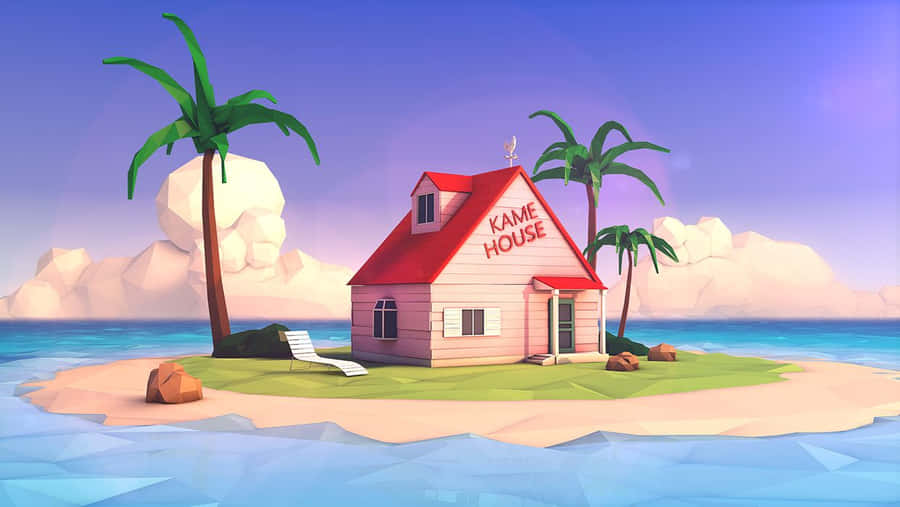 Pink house on tropical island with palm trees and ocean — Kame House Wallpaper