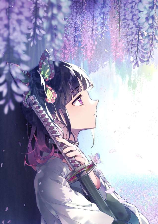 Anime girl with butterfly hairpins holding a sword under purple wisteria blossoms. — Kanae Background