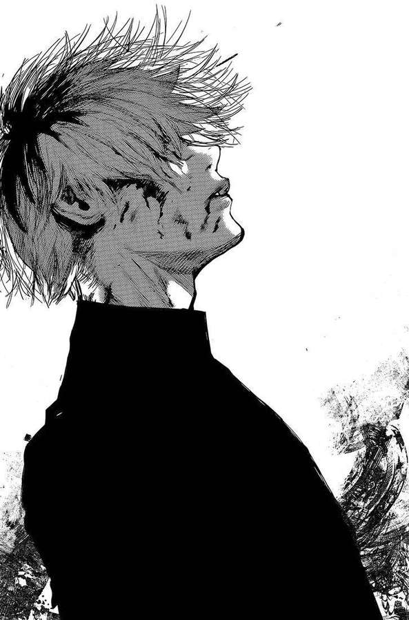 Anime-Figur mit stacheligen Haaren und intensivem Ausdruck in Schwarz-Weiß-Tintenstil. — Kaneki Bilder