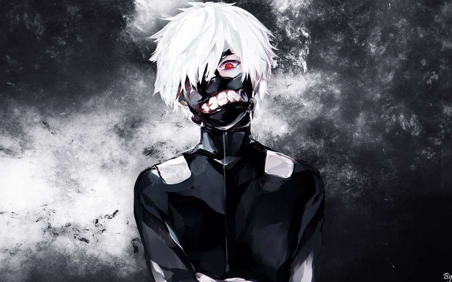Anime character with white hair and black mask in smoky gray background. — Kaneki Pfp Wallpaper