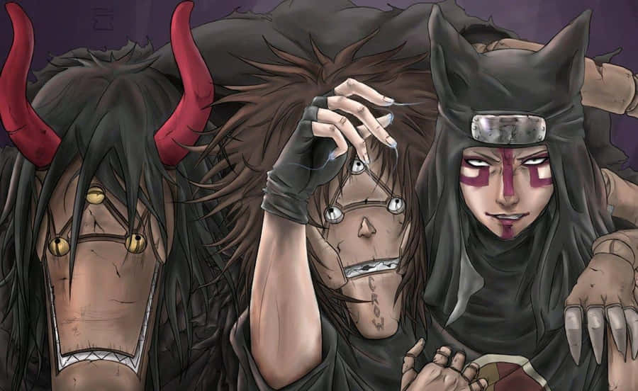 Three demonic anime characters with horns and piercings in dark attire. — Kankuro Wallpaper