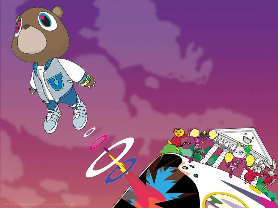 A cartoon bear floating above a rocket launch with cheering animal characters. — Kanye West Bear Wallpaper
