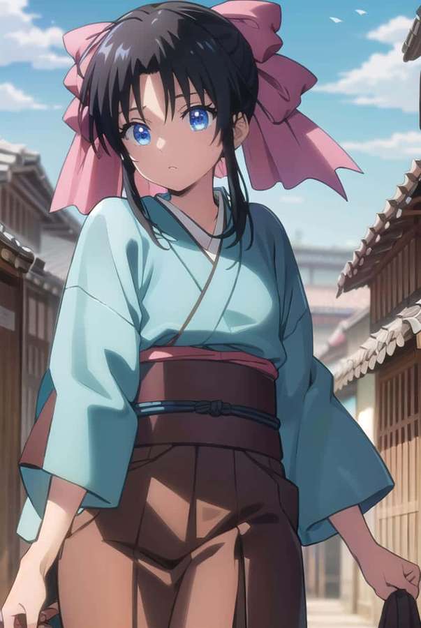 Anime-tyttö perinteisissä japanilaisissa vaatteissa seisomassa historiallisella kadulla. — Kaoru Kamiya Taustakuvat