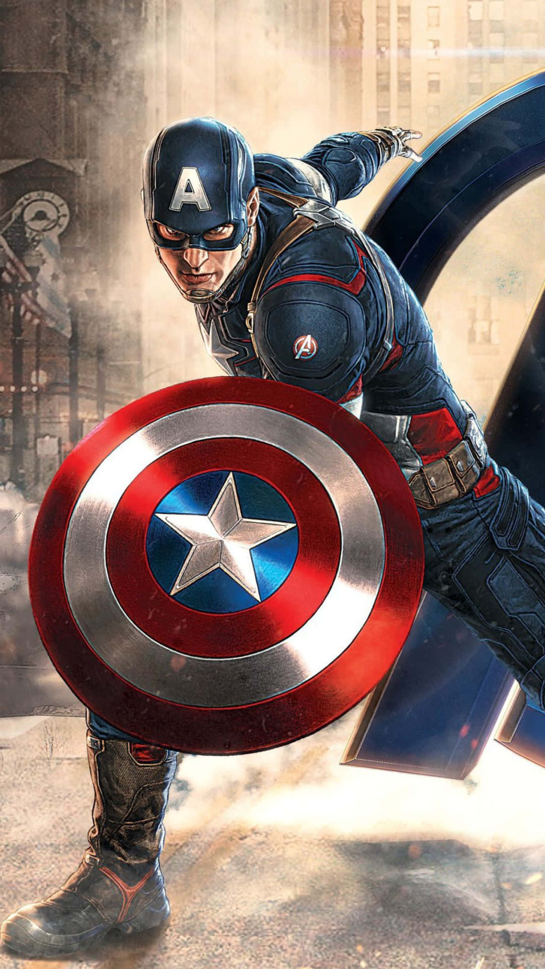 Captain America in Kampfhaltung, der seinen Schild auf einer rauchigen Stadtstraße hält. — Kapitän Amerika Wallpaper