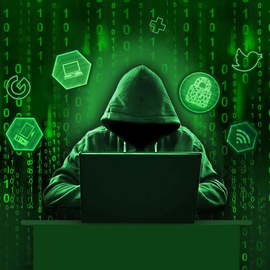 Anonymer Hacker arbeitet an Laptop mit digitalen Symbolen und Binärcode. — Kapuzenpulli Wallpaper