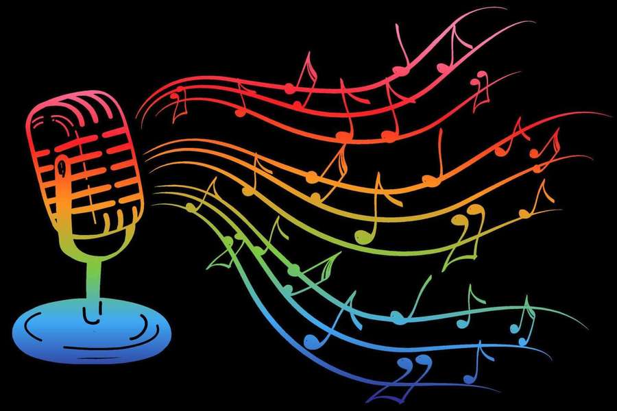A colorful vintage microphone emitting rainbow musical notes. — Karaoke Background