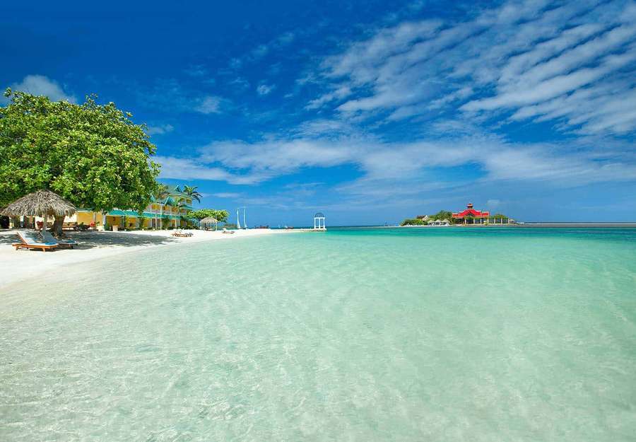 Tropischer Strand mit klarem türkisfarbenem Wasser und weißem Sand unter einem hellblauen Himmel. — Karibik Desktop Wallpaper