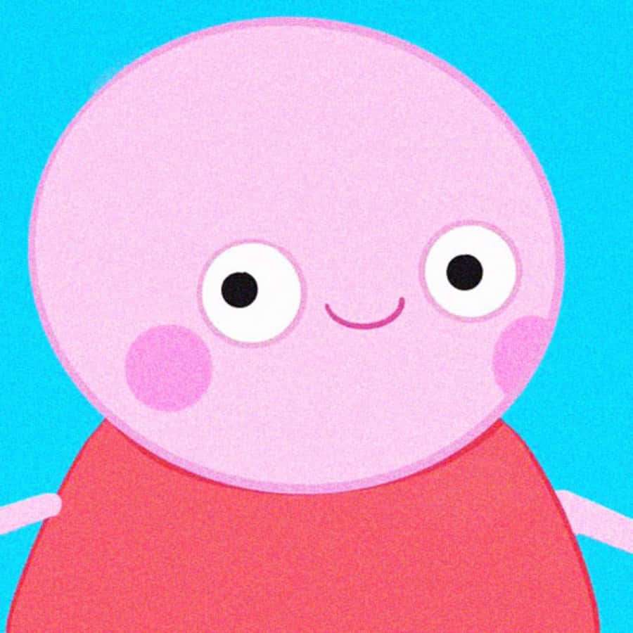 Eine rosa Cartoonfigur mit großen Augen und einem roten Hemd lächelt vor einem blauen Hintergrund. — Karikatur Wallpaper