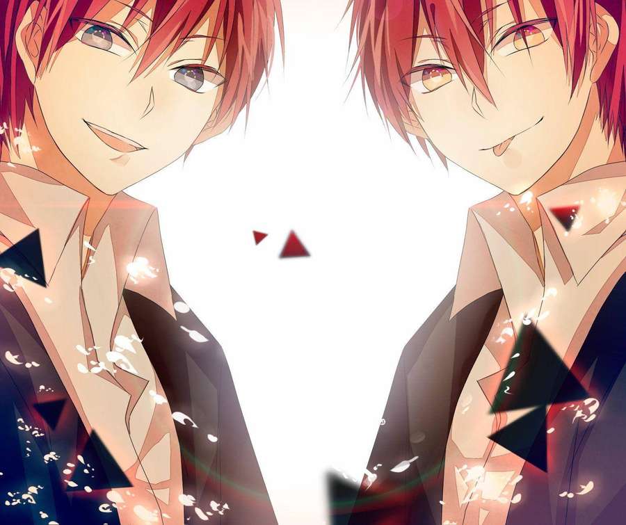 Two cheerful anime boys with red hair smiling with floating red triangles and sparkles. — Karma Background
