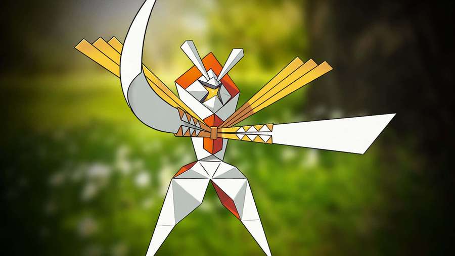 Origami-style Pokémon with geometric wings and blades in a forest setting. — Kartana Wallpaper