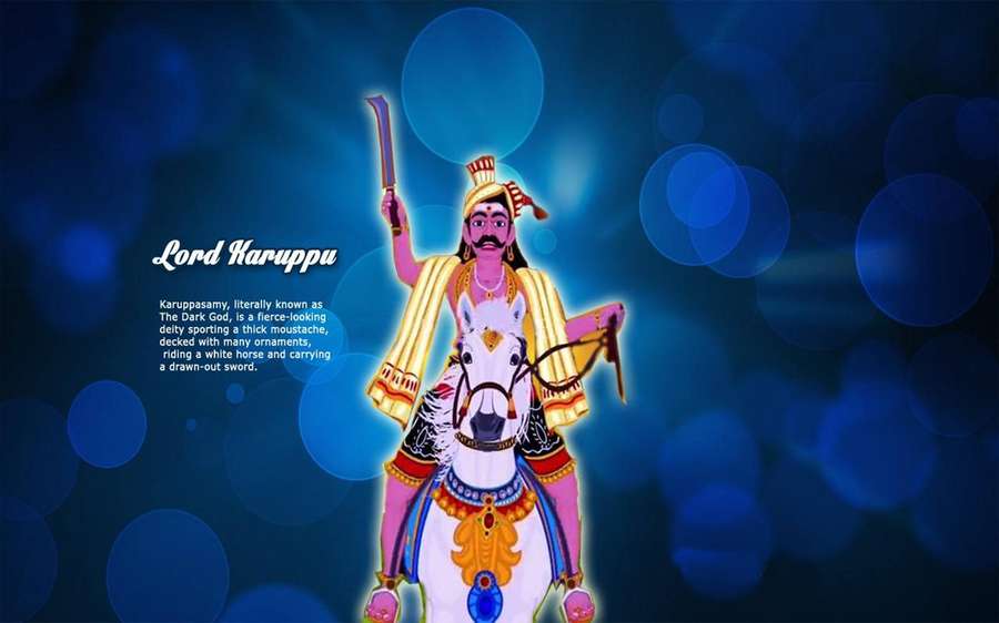 Lord Karuppu, en frygtindgydende guddom med en tyk overskæg, ridende på en hvid hest med guld ornamenter og holdende et draget sværd. — Karuppasamy Wallpapers
