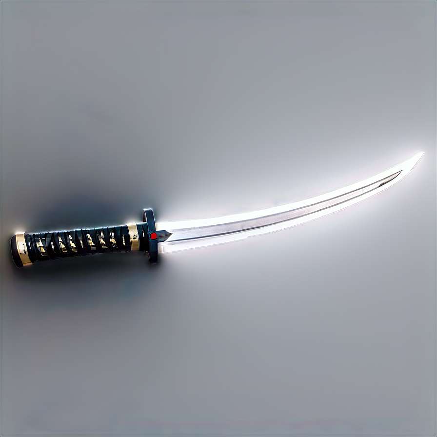 A glowing curved sword with black grip on gray background — Katana PNG