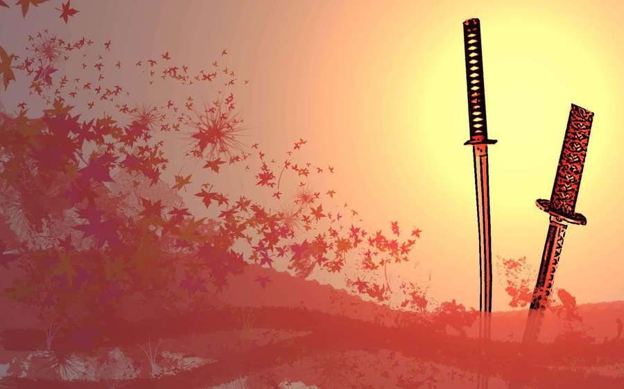 Due spade giapponesi tradizionali in piedi in un campo di foglie d'acero cadenti al tramonto. — Katana Sfondi