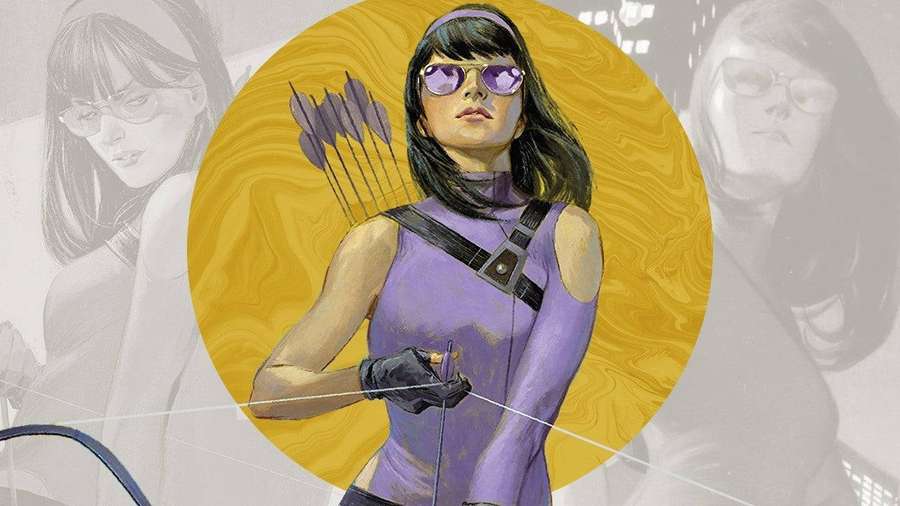 Arqueira em roupa roxa mirando com arco e flechas nas costas. — Kate bishop Papéis de Parede