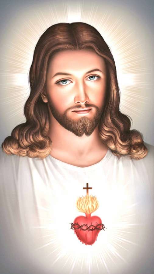 Jesus Christus mit Heiligenschein und leuchtendem Heilig-Herz-Symbol auf der Brust. — Katholisch Wallpaper