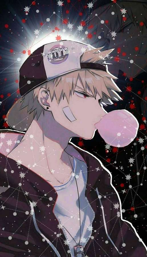 Anime-Teenager bläst rosa Kaugummi unter sternenklarem kosmischen Himmel mit leuchtenden Partikeln. — Kaugummi Wallpaper