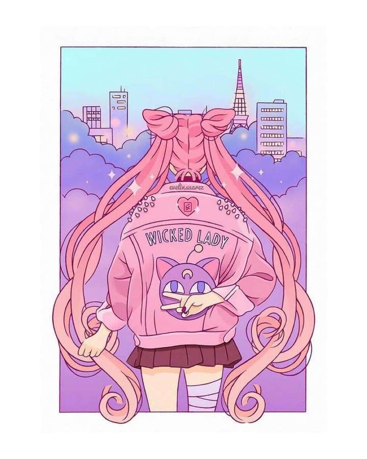 Anime girl with long pink hair and peace sign in pink jacket against city skyline. — Kawaii Aesthetic Wallpaper
