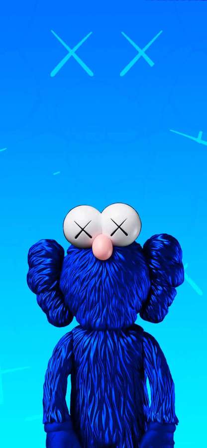 Blå pelset KAWS-figur med X-øjne mod gradient blå baggrund. — Kaws iPhone Wallpapers