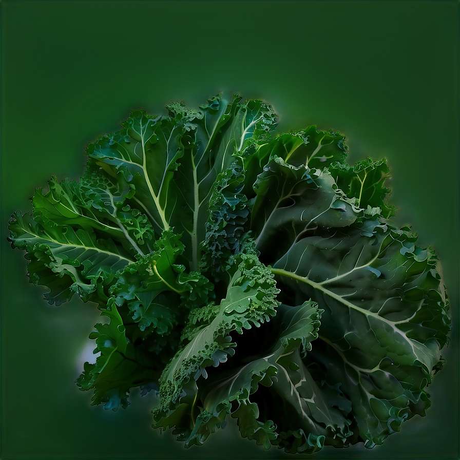 A fresh bunch of curly kale with detailed leaves and veins against a dark green backdrop. — Kaws PNG