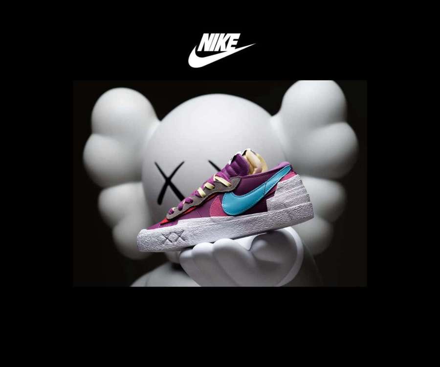 A purple and teal Nike sneaker held by a white KAWS figure. — Kaws X Nike Wallpaper