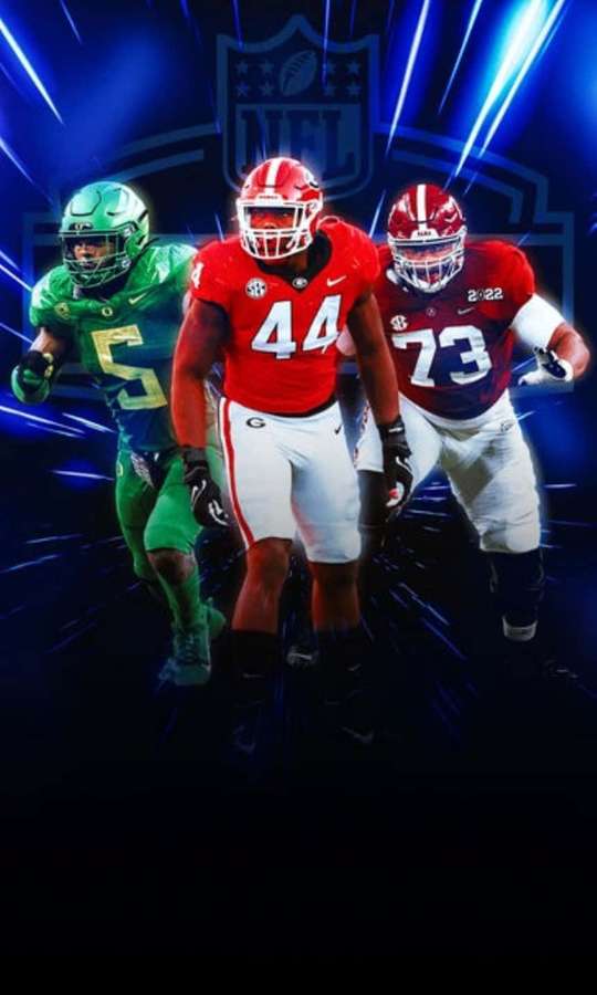 Three football players in motion wearing team uniforms against a glowing blue background. — Kayvon Thibodeaux Background