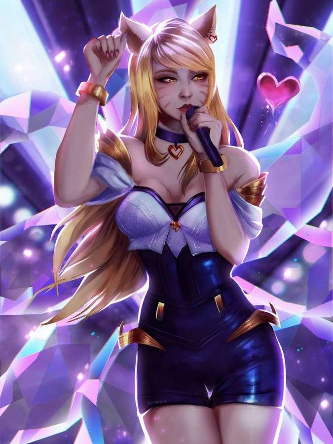 Anime-sangerinde med katteører optræder på en glødende krystal scene med svævende hjerter. — Kda Mere Billede Wallpapers