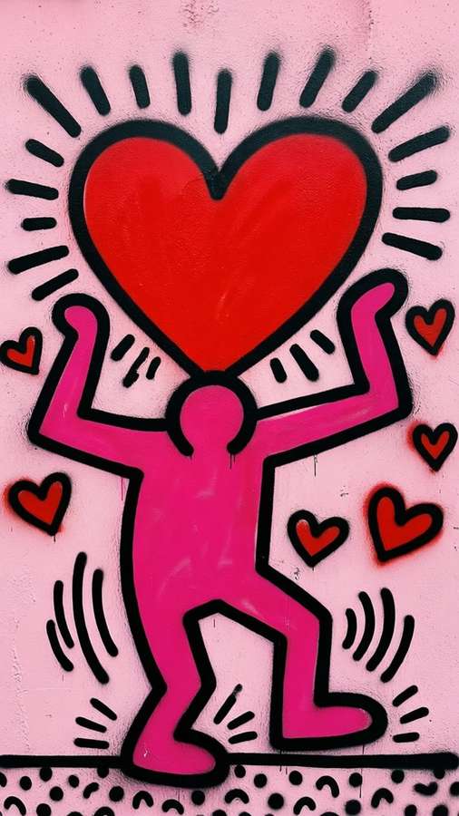 Romantic Keith Haring wallpaper of a figure with a heart head and love rays — Keith Haring Desktop Wallpaper