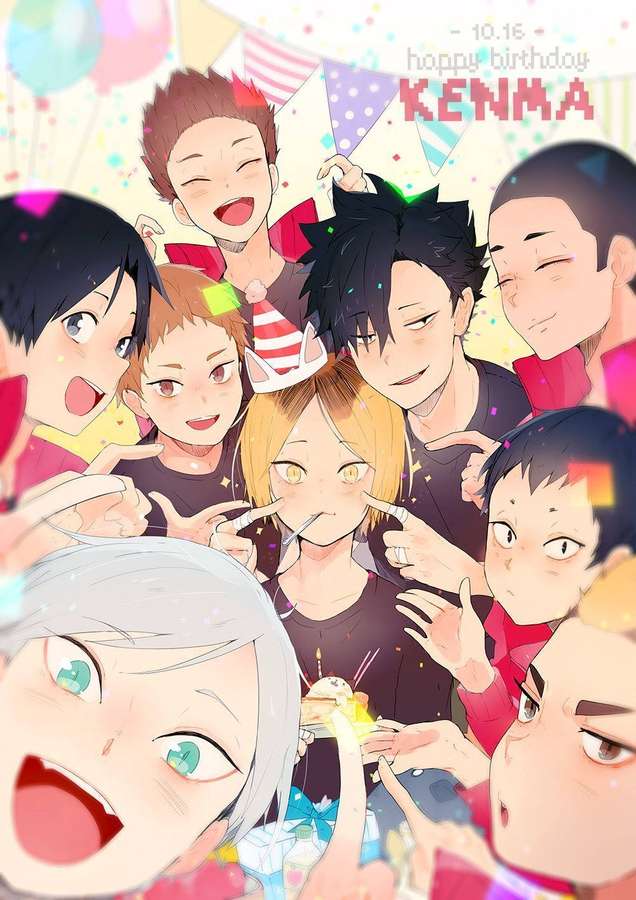 Anime characters celebrating a birthday with cake and balloons. — Kenma Background