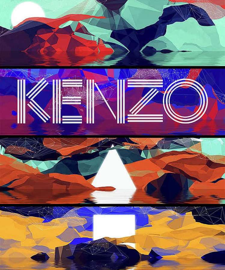 Abstract geometric mountains with colorful reflections and KENZO logo. — Kenzo Wallpaper