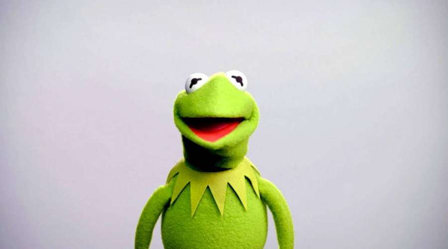 A green felt frog puppet with a wide smile and yellow collar. — Kermit The Frog Background