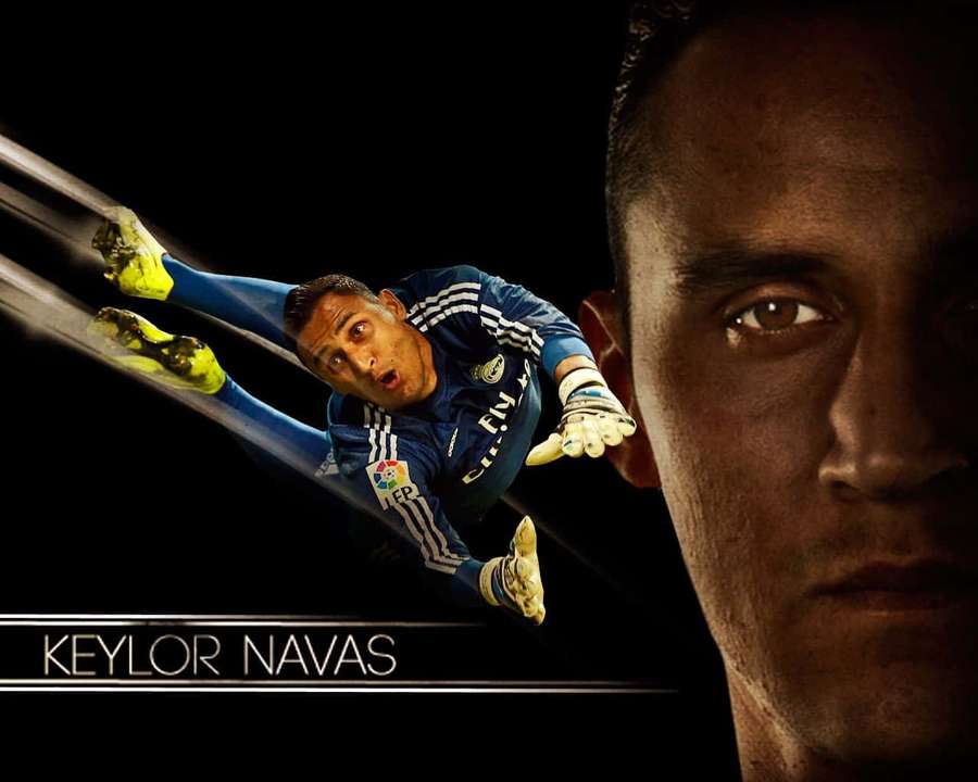 Soccer goalkeeper Keylor Navas in mid-dive with intense facial close-up. — Keylor Navas Wallpaper
