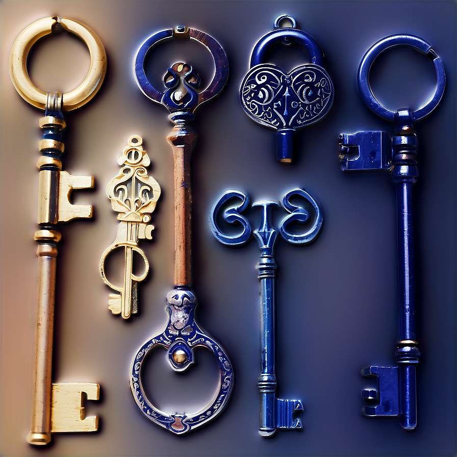 Vintage ornate keys in gold and blue arranged in a collection. — Keys PNG