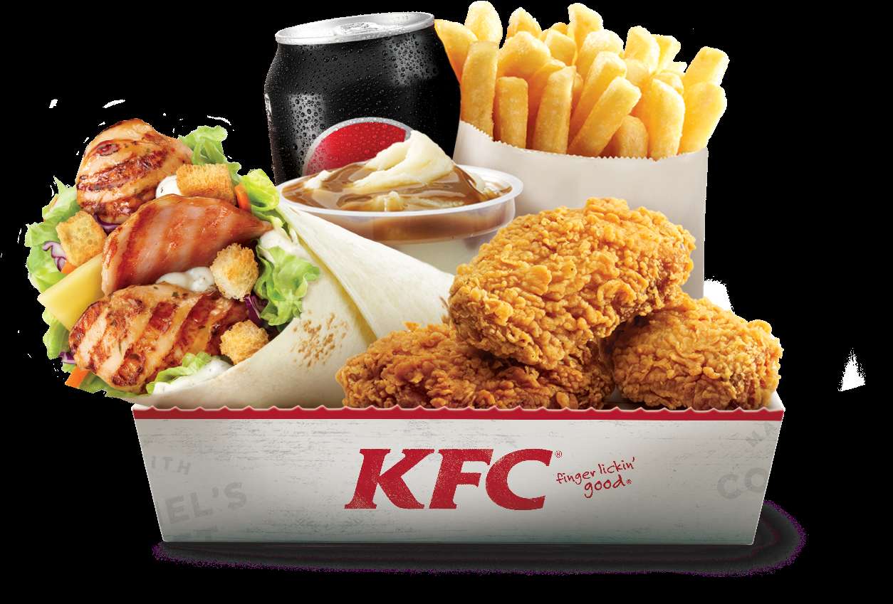 KFC meal with fried chicken fries wrap and soda — Kfc PNG